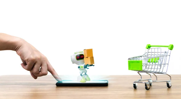 Robô Segurando Caixa Compras Line Carrinho Venda Conveniência Comércio — Fotografia de Stock