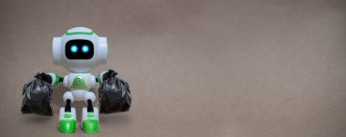 Robot hold garbage bags technology recycle environment on a gray background clipart