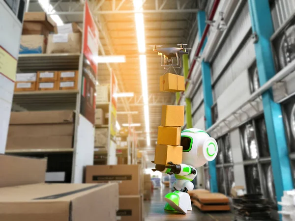 Robot Och Drönare För Industriell Automation Och Lagringsteknik — Stockfoto