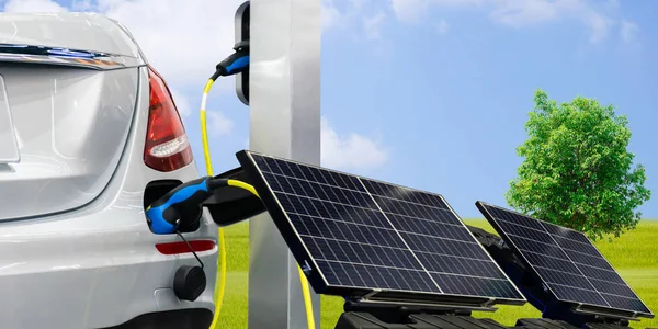 Car Oder Electric Power Car Und Solarzellen Zur Stromerzeugung — Stockfoto