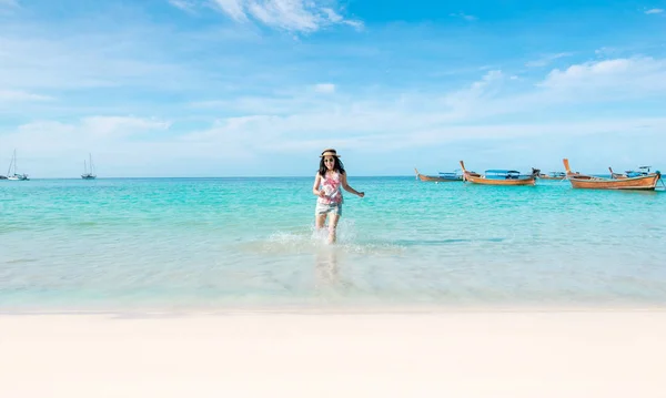 Happy Woman Running Beach Sea Have Holiday Summer Relaxing Travel — стоковое фото