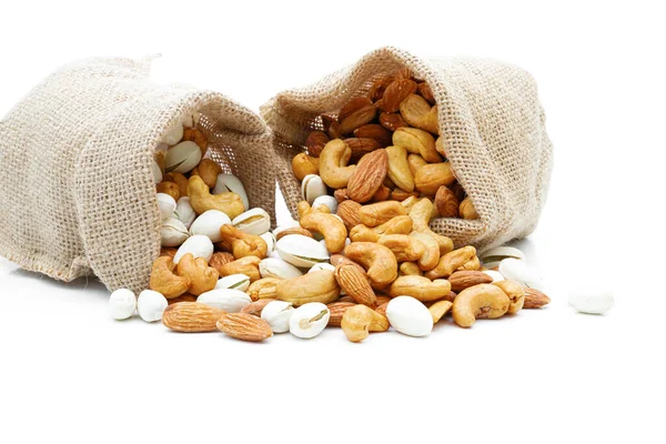 Almonds Pistachio Cashews Sack White Background — Stock Photo, Image