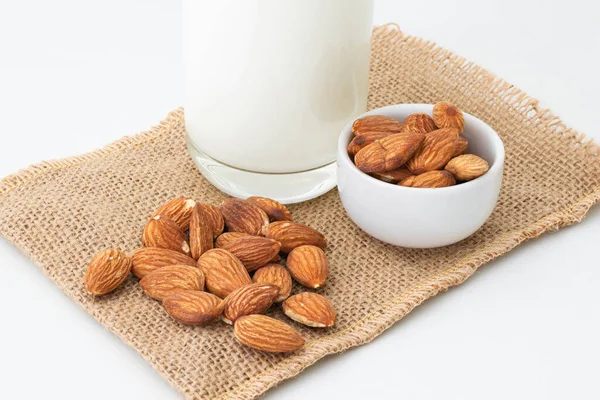 Milk Almonds Glass White Background — Stock Photo, Image