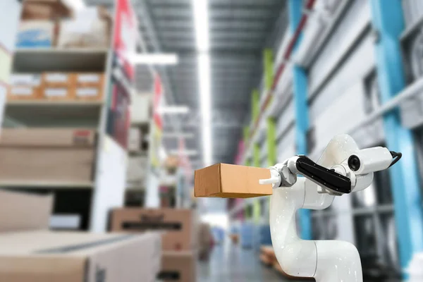 Tecnología Industrial Con Robots Brazo Mecánico Caja Fábrica —  Fotos de Stock
