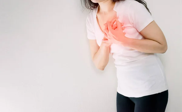 Woman Holding Hands Chest Heart Attack — Stock Photo, Image