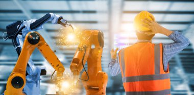 Mühendislik kontrol makineleri ve endüstriyel robotlar. Teknoloji adamının kontrol için kullandığı şeyler. 