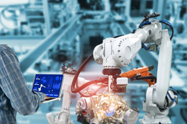 Manager Ingenieur Controle Automatisering Robotarmen Industriële Robots Fabriek Automatiseringsmachines — Stockfoto