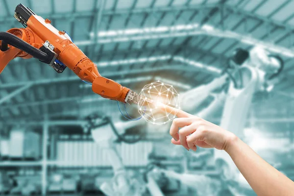 Menselijke Hand Robot Hand Systeem Concept Integratie Coördinatie Van Intellectuele — Stockfoto