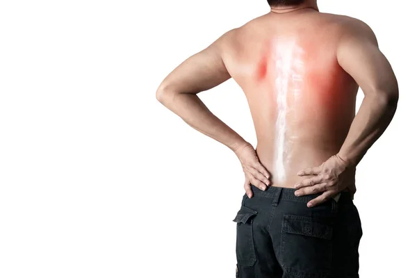 Young Man Holding Back Pain Bone Spine White Background — Stock Photo, Image