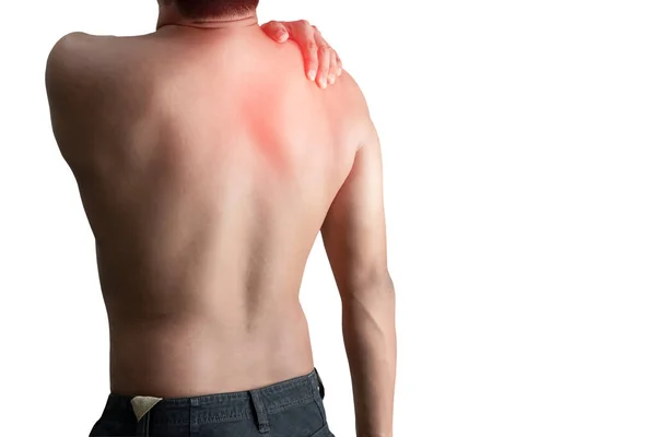 Young Man Holding Back Pain Bone Spine White Background — Stock Photo, Image