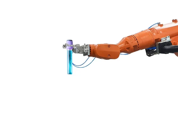 Bras Robotisé Tenant Une Éprouvette Médicale Sur Fond Blanc — Photo