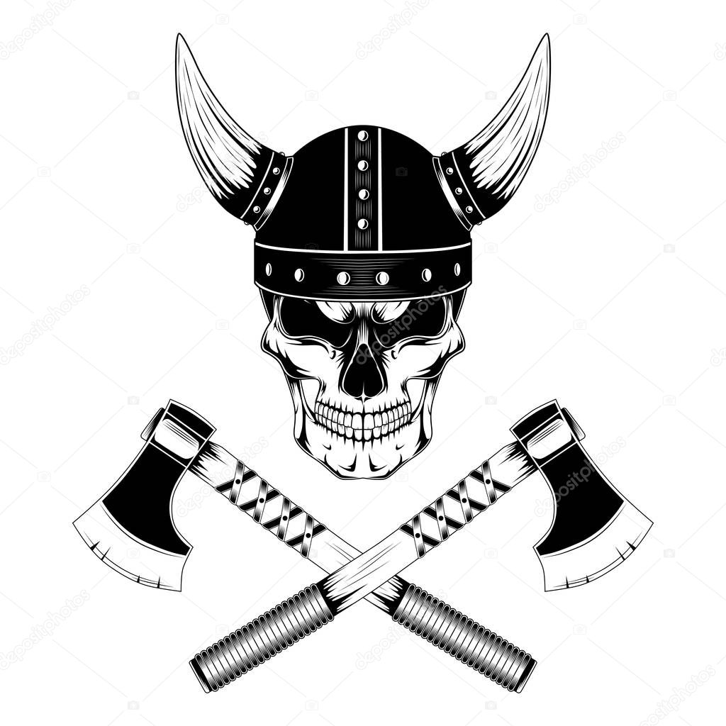    Skull in the helmet of the viking with axes.