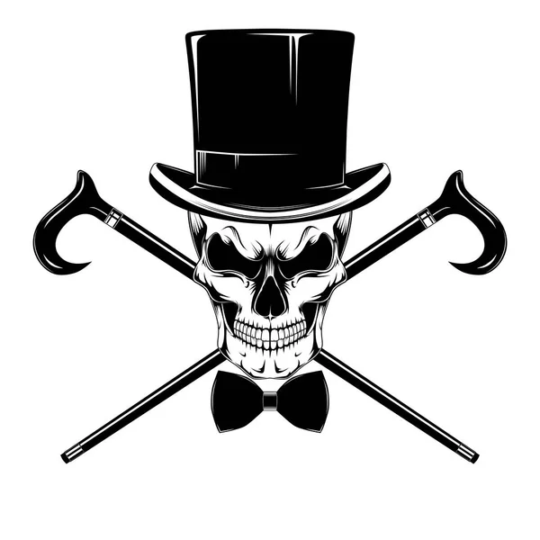 Calavera Sombrero Con Bastón Pajarita Vector Imagen Blanco Negro — Vector de stock