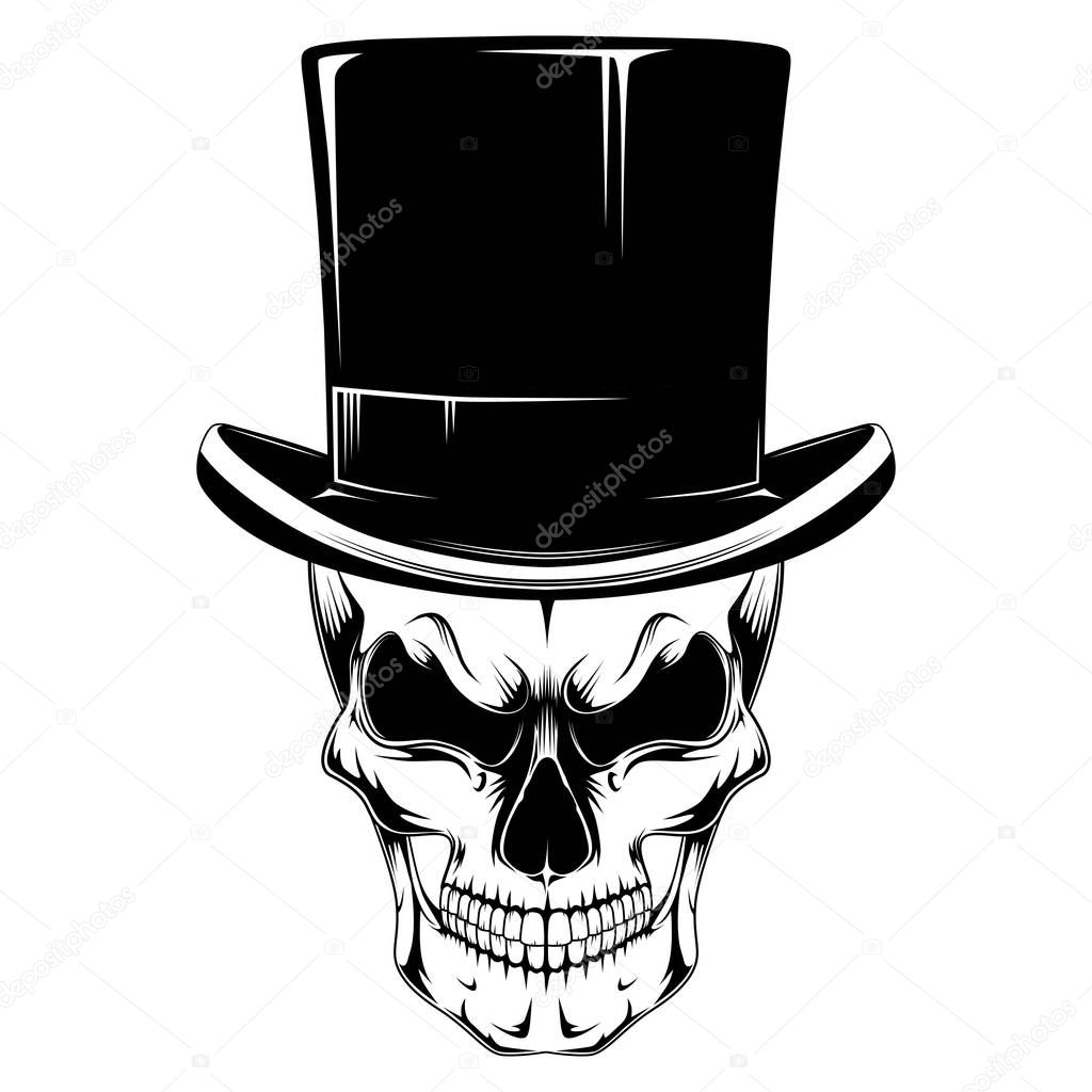Skull in a hat-cylinder. Black and white vector image.