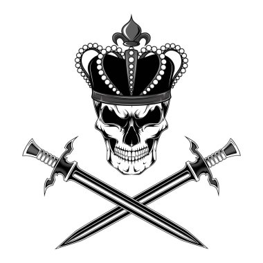 Kafatasında bir taç kılıç ile siyah beyaz görüntü.