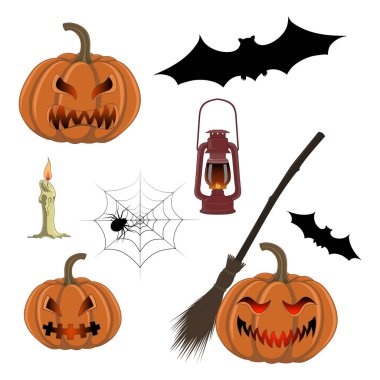 Vektör görüntüleri pumpkins, fenerler, yarasalar kümesi.