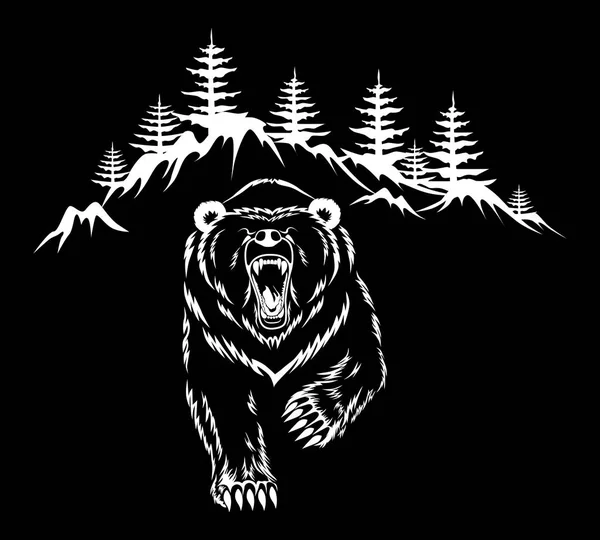 Medvěd Pozadí Lesa Bílá Vektorový Obrázek Černém Pozadí — Stockový vektor