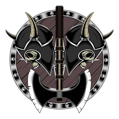 Kafatasları balta ve kalkan kask içinde.