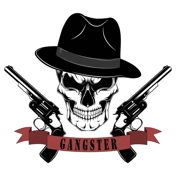 Gangster Skull Hat Pistols Black White Vector Image — Stock Vector