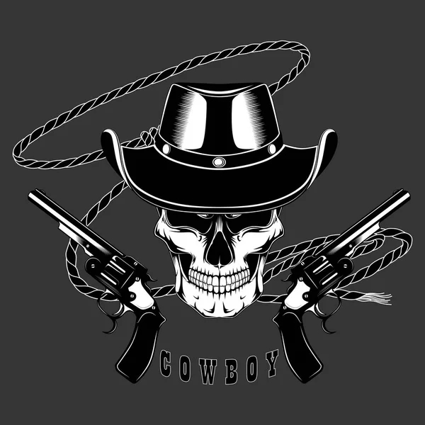 Crâne Cow Boy Dans Chapeau Avec Pistolets Lasso Sur Fond — Image vectorielle