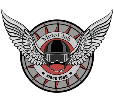 Kanatlı bir yazıt ile bir daire arka planda Moto kask.