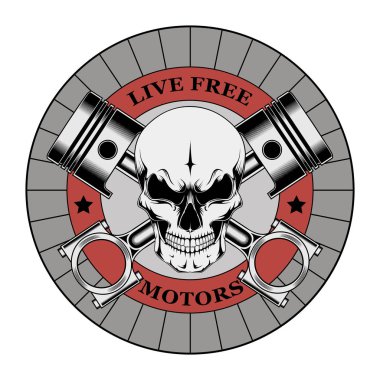 Pistons bir yazıt ile bir daire arka planı ile kafatası. Vektör görüntü.