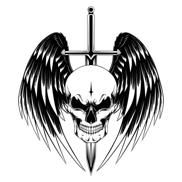 剣と翼の頭蓋骨 黒と白のベクトル画像 — ストックベクタ