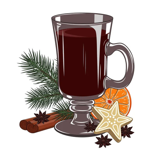 Verre Vin Chaud Avec Biscuits Orange Branche Sapin Cannelle Sur — Image vectorielle