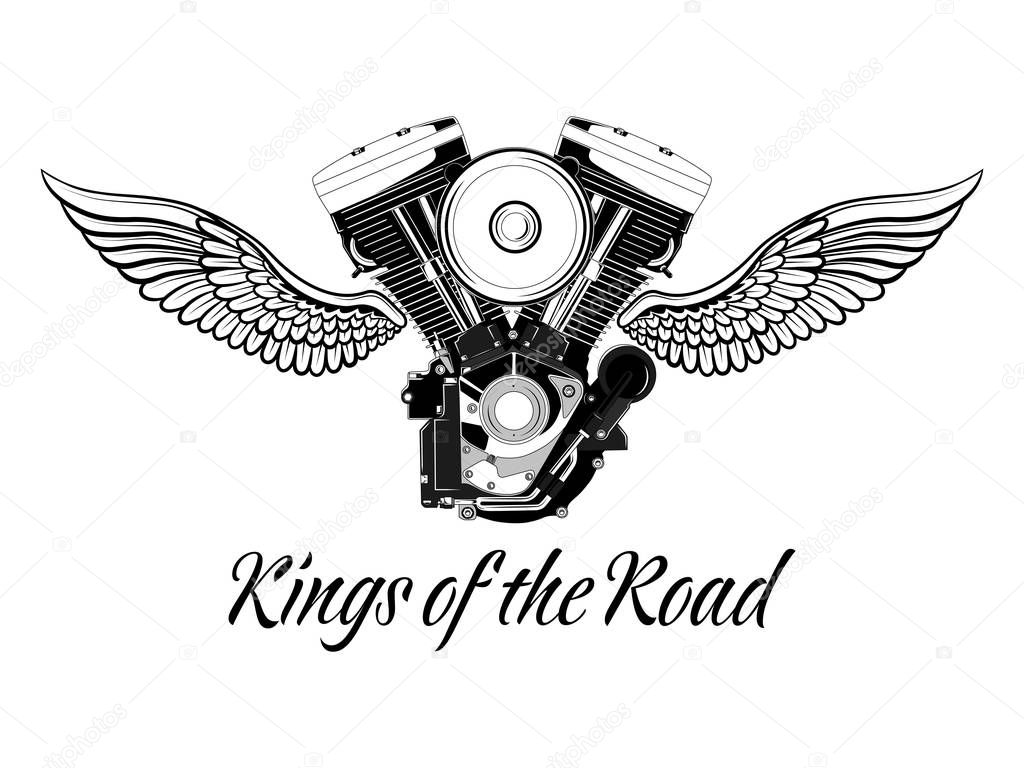 Motorcycle engine with wings and inscription. Black and white vector image.