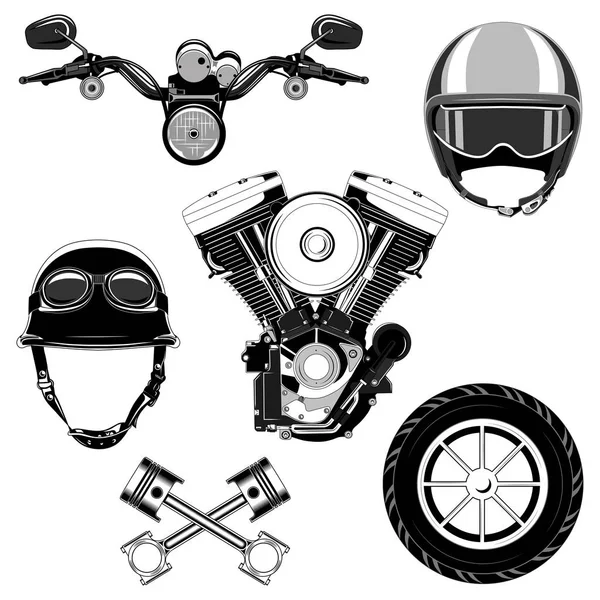 Conjunto Imagens Vetoriais Motor Motocicleta Capacete Roda Motocicleta Roda Pistões —  Vetores de Stock