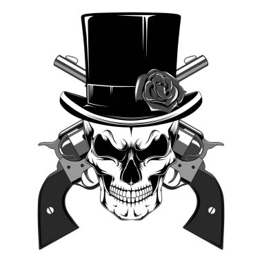 Skull in a hat cylinder with pistols. clipart