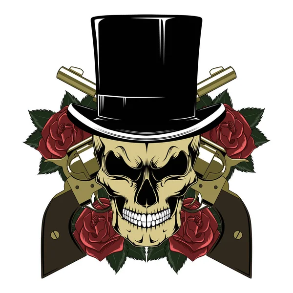 Imagen Vectorial Cráneo Sombrero Cilindro Con Revólveres Rosas — Vector de stock