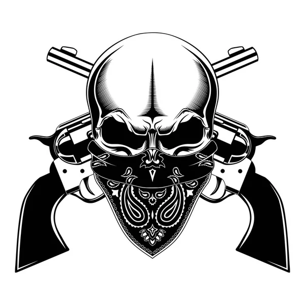 Vector Black White Image Skull Bandana Revolvers — Stock Vector