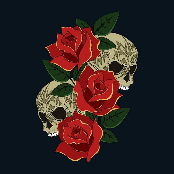 青い背景の赤いバラとスカルのベクター画像 — ストックベクタ