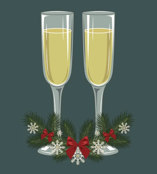Bicchieri Champagne Rami Abete Fiocchi Neve Inchini Uno Sfondo Scuro — Vettoriale Stock