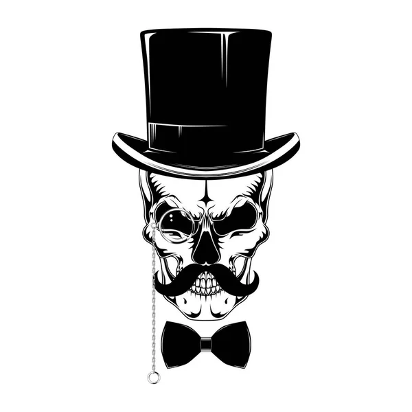 Skull Hat Cylinder Mustache Pince Nez Bow Tie — Stock Vector