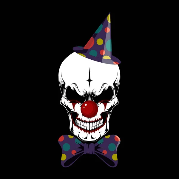 Clownsschädel Mit Farbigem Hut Und Fliege Auf Schwarzem Hintergrund Vektorbild — Stockvektor