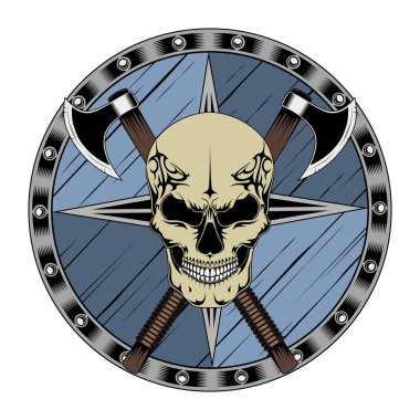 Bir kafatası eksenler ve bir kalkan ile renkli vektör görüntü.