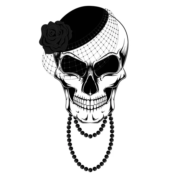 Calavera Femenina Sombrero Con Velo Una Rosa Cuentas — Vector de stock