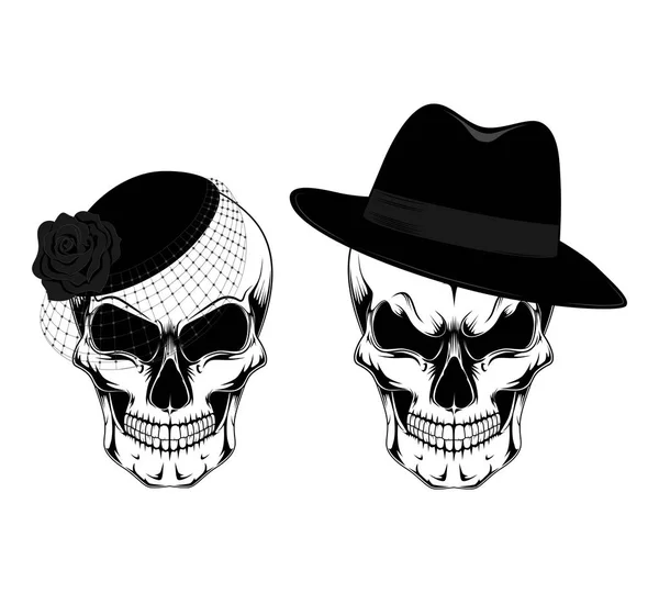 戴帽子的雄性和雌性头骨 黑白矢量图像 — 图库矢量图片