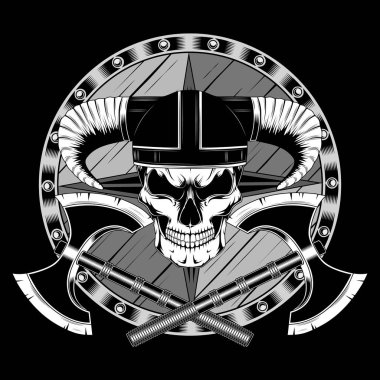 Kafatasında bir kask kalkan ve eksen boynuzlarıyla. Vektör görüntü siyah arka plan üzerine.