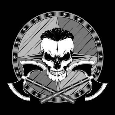 Eksenler ve kalkan ile kafatası. Vektör görüntü siyah arka plan üzerine.