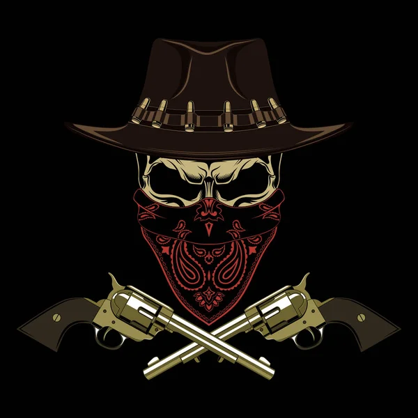 Cowboy Skull Hat Revolvers Color Vector Image Black Background — Stock Vector