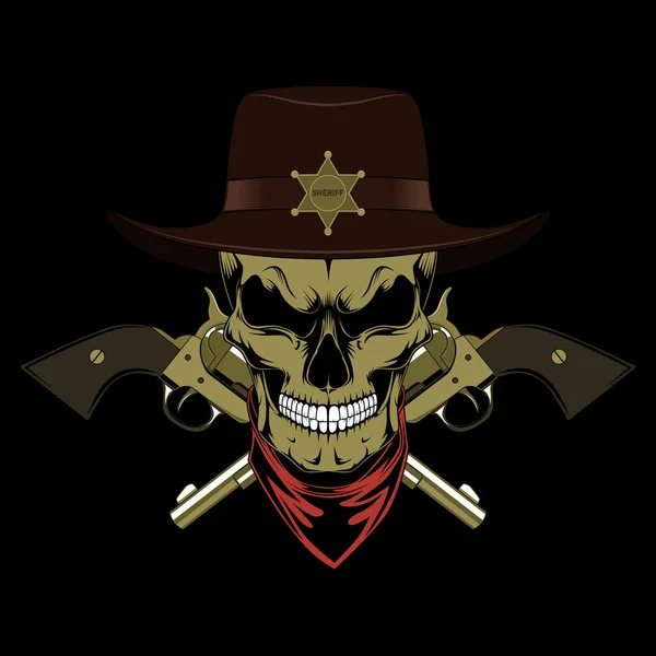 Skull Sheriff Hat Revolvers Black Background — Stock Vector