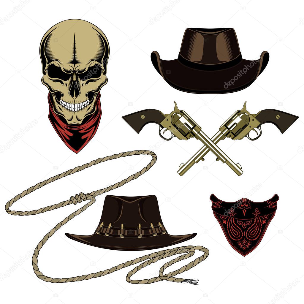 Cowboy set of vector images. Skull, bandanas, hats, revolvers, lasso.
