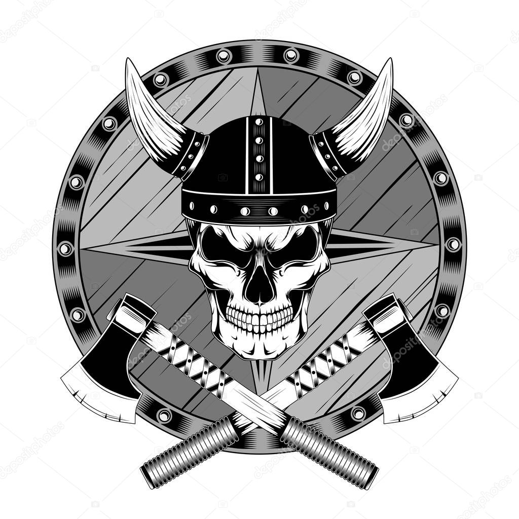 Skull in a helmet with horns with a shield and axes. Vector image.