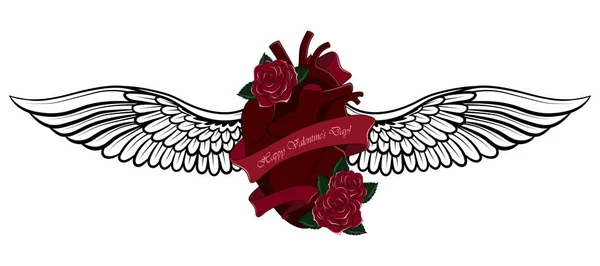 Herz Mit Flügeln Rote Rosen Schleife Vektorbild Auf Weißem Hintergrund — Stockvektor