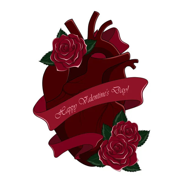 Corazón Con Rosas Rojas Cinta Imagen Vectorial Sobre Fondo Blanco — Vector de stock
