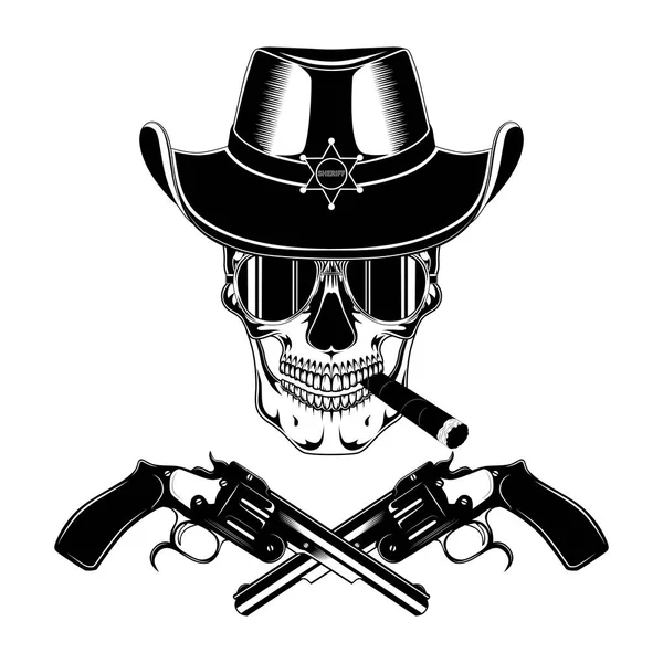 頭蓋骨と葉巻と拳銃の帽子の保安官 白の背景に黒と白のベクトル画像 — ストックベクタ