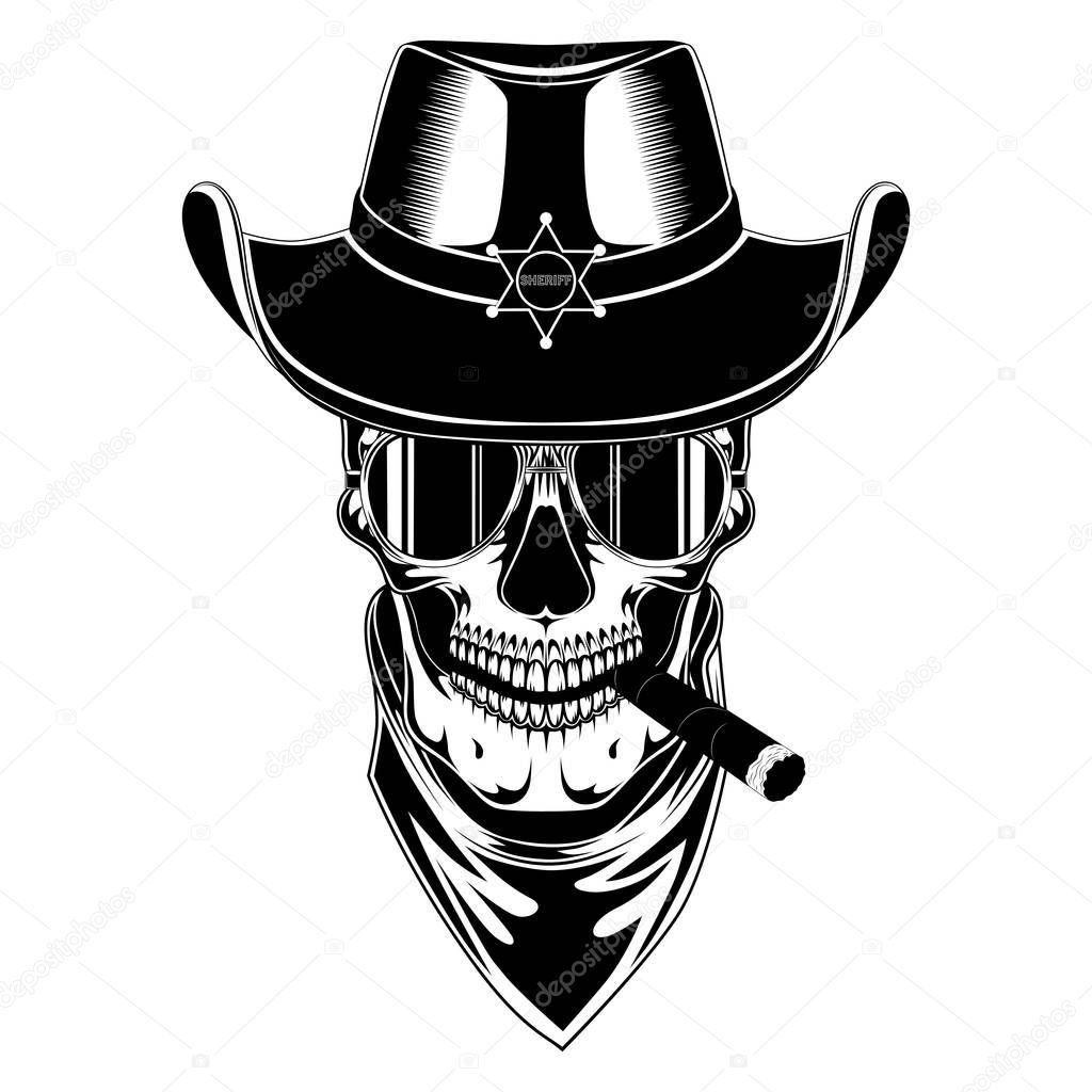 Skull in a sheriff's hat with a cigar.